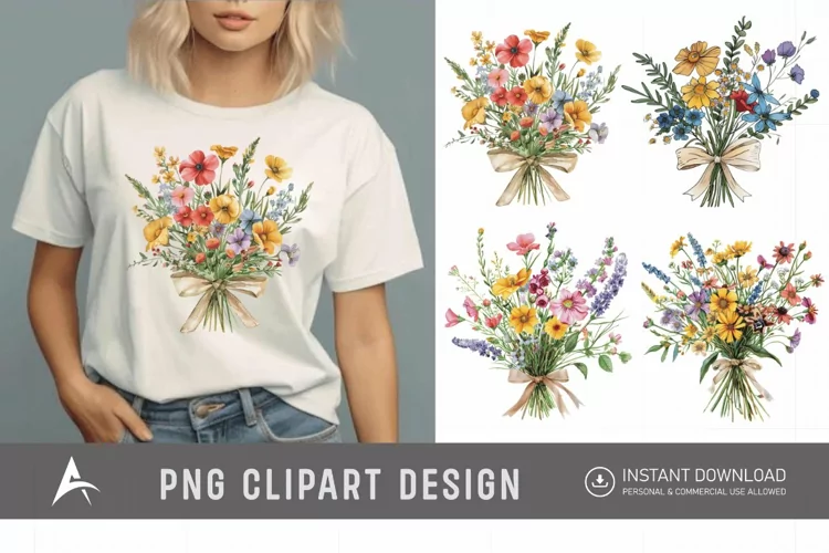 Watercolor Wildflower Bouquet with Bow Clipart