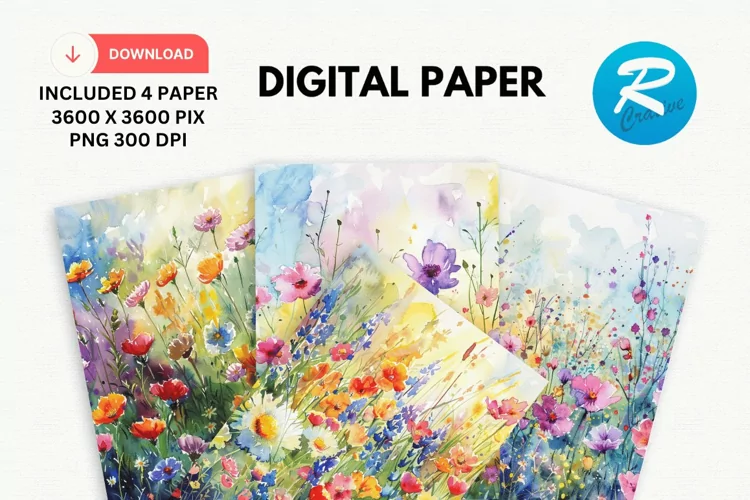 Watercolor Wildflower Digital Paper, Wildflower Background
