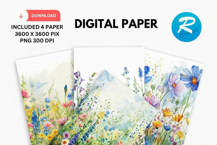 Watercolor Wildflower Digital Paper, Wildflower Background