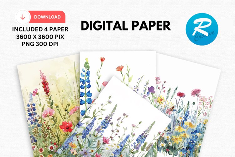 Watercolor Wildflower Digital Paper, Wildflower Background