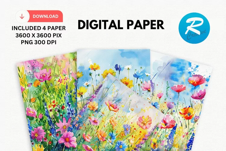 Watercolor Wildflower Digital Paper, Wildflower Background