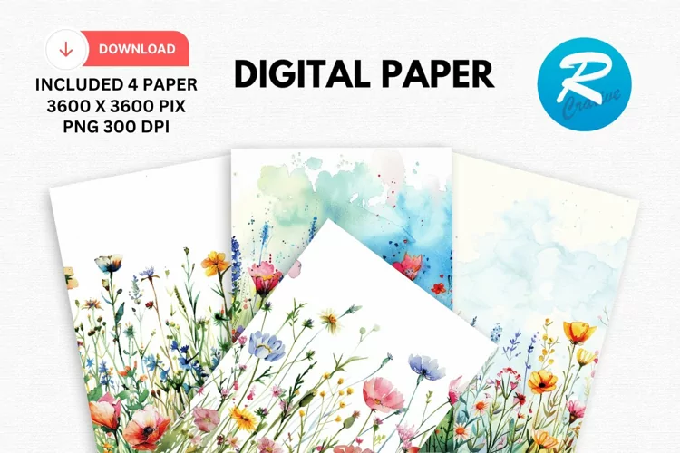 Watercolor Wildflower Digital Paper, Wildflower Background