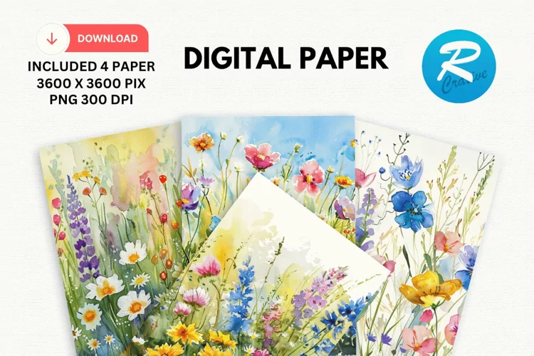 Watercolor Wildflower Digital Paper, Wildflower Background