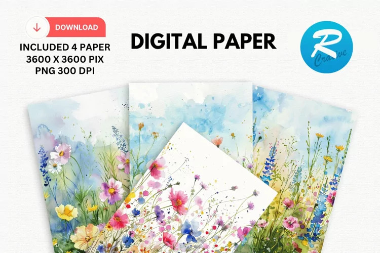 Watercolor Wildflower Digital Paper, Wildflower Background