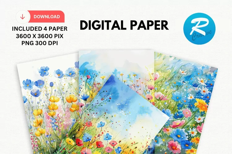 Watercolor Wildflower Digital Paper, Wildflower Background