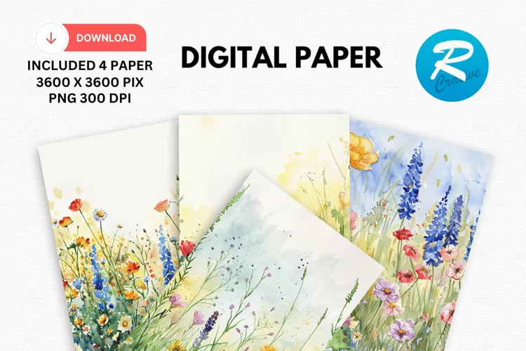 Watercolor Wildflower Digital Paper, Wildflower Background