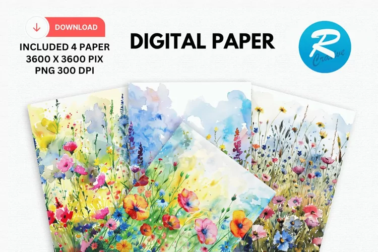Watercolor Wildflower Digital Paper, Wildflower Background