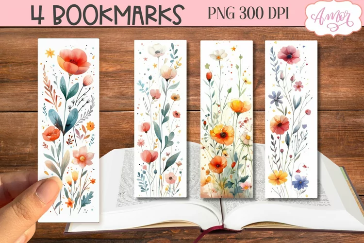 Watercolor wildflowers bookmark PNG printable, 4 PNG