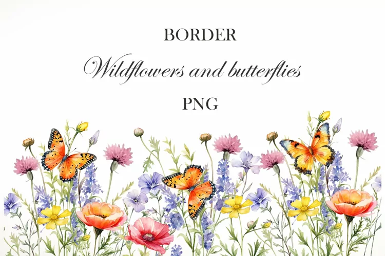 Watercolor wildflowers border. Flowers and butterflies