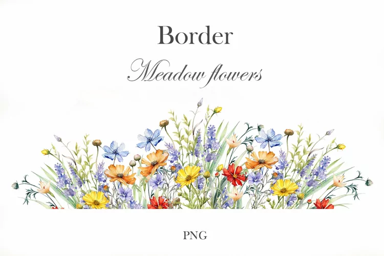 Watercolor wildflowers border. Meadow flowers