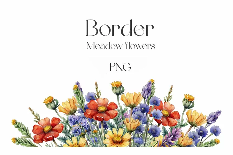 Watercolor wildflowers border. Meadow flowers