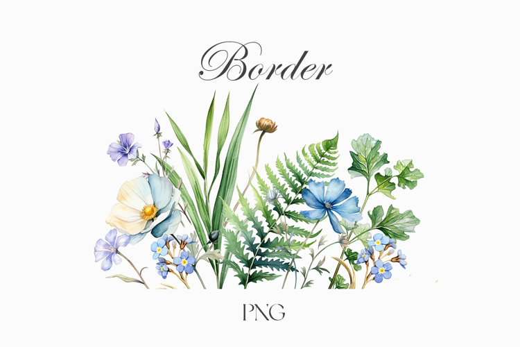 Wildflowers border clipart. Blue flowers.
