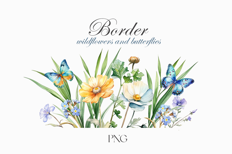 Watercolor wildflowers border. Watercolor butterfly