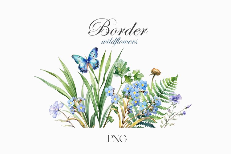 Watercolor wildflowers border. Watercolor butterfly