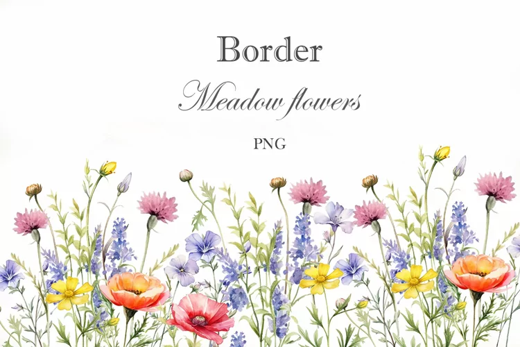 Watercolor wildflowers border. Meadow flowers
