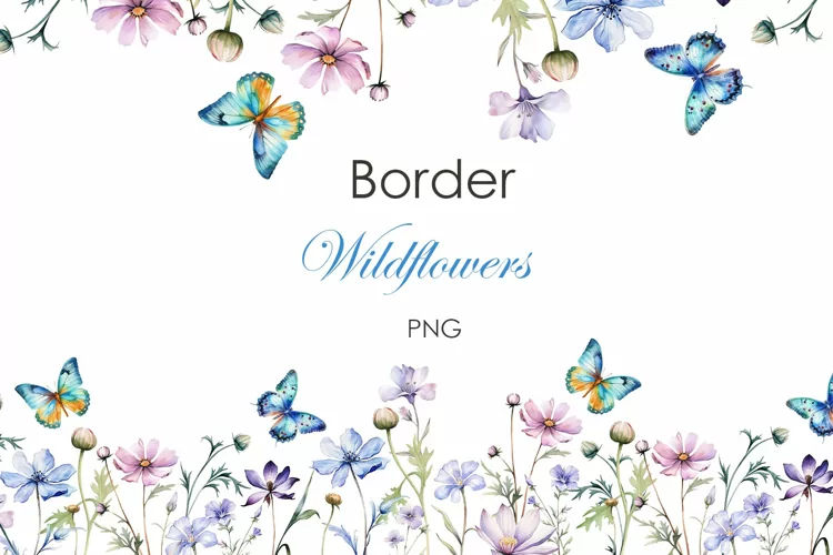 Watercolor wildflowers borders. Watercolor butterfly