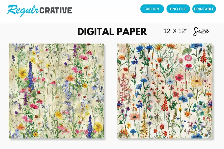 Watercolor Wildflowers Seamless Digital Paper