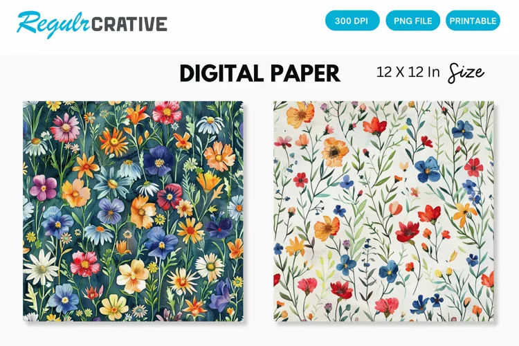 Watercolor Wildflowers Seamless Digital Paper, Wedding PNG