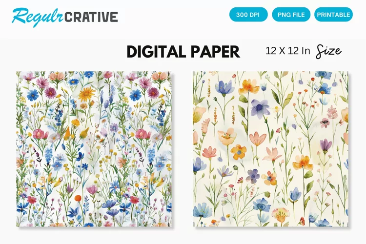 Watercolor Wildflowers Seamless Digital Paper, Wedding PNG