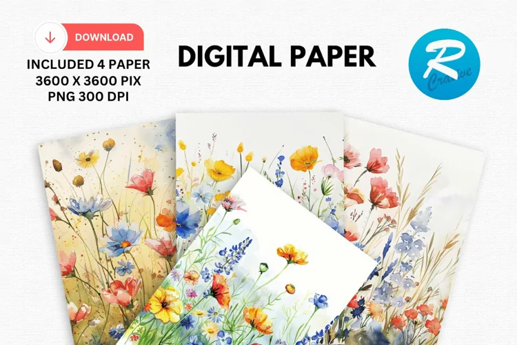 Watercolor Wildflowers Digital Paper, Wildflowers Background
