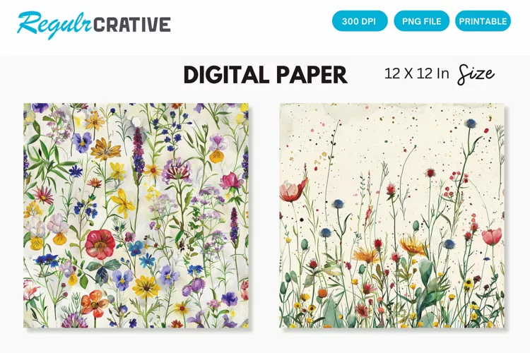 Watercolor Wildflowers Seamless Digital Paper, Wedding PNG