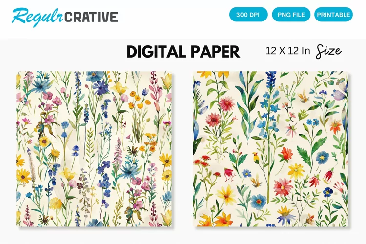 Watercolor Wildflowers Seamless Digital Paper, Wedding PNG