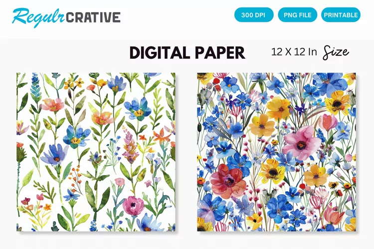 Watercolor Wildflowers Seamless Digital Paper, Wedding PNG