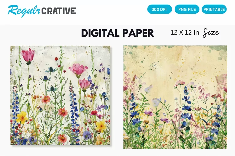 Watercolor Wildflowers Seamless Digital Paper, Wedding PNG