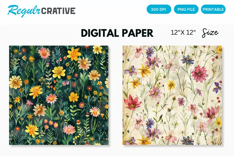 Watercolor Wildflowers Seamless Digital Paper