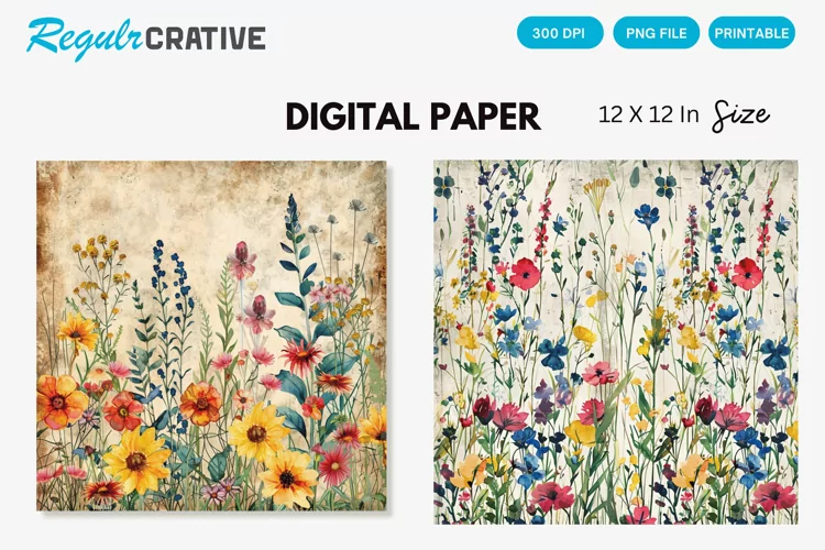 Watercolor Wildflowers Seamless Digital Paper, Wedding PNG