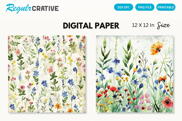 Watercolor Wildflowers Seamless Digital Paper, Wedding PNG