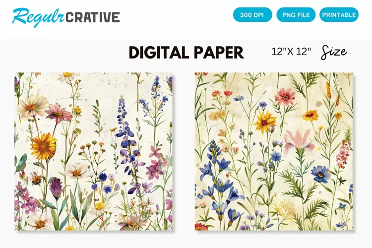 Watercolor Wildflowers Seamless Digital Paper
