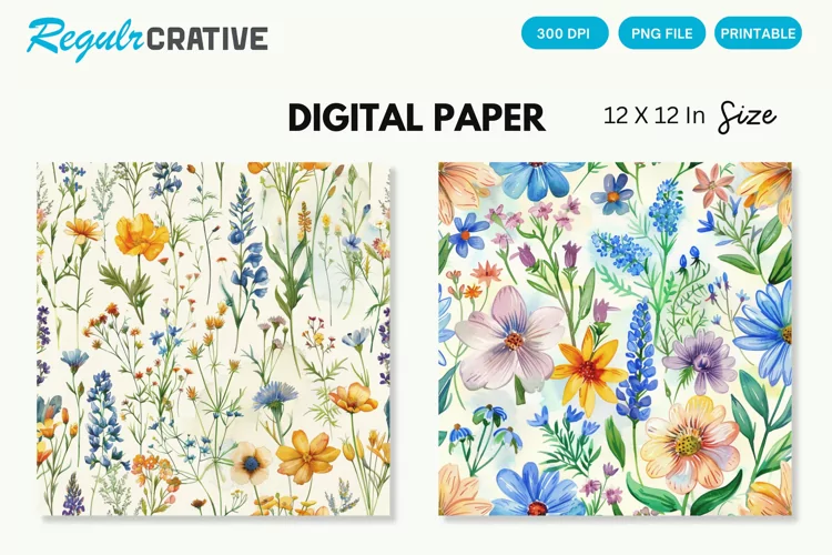 Watercolor Wildflowers Seamless Digital Paper, Wedding PNG