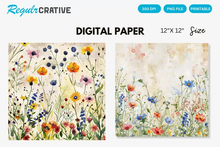 Watercolor Wildflowers Seamless Digital Paper