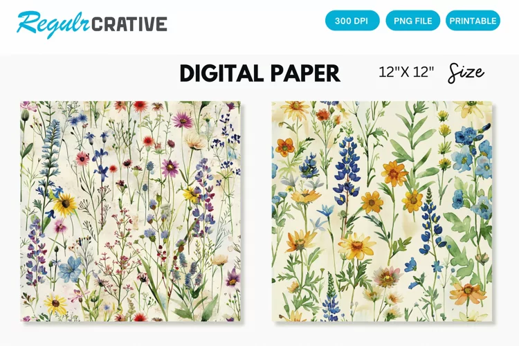 Watercolor Wildflowers Seamless Digital Paper