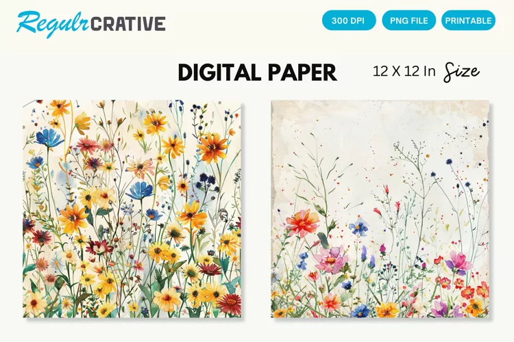 Watercolor Wildflowers Seamless Digital Paper, Wedding PNG