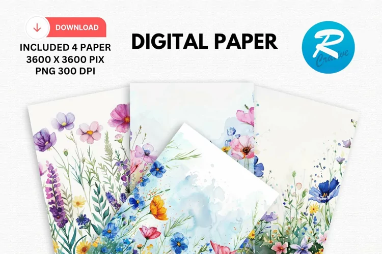 Watercolor Wildflowers Digital Paper, Wildflowers Background
