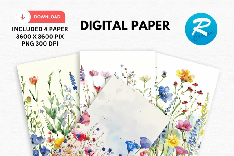 Watercolor Wildflowers Digital Paper, Wildflowers Background