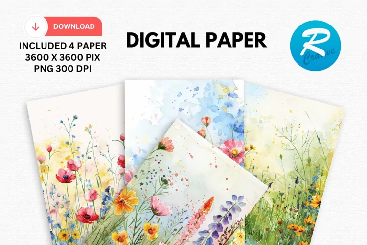 Watercolor Wildflowers Digital Paper, Wildflowers Background