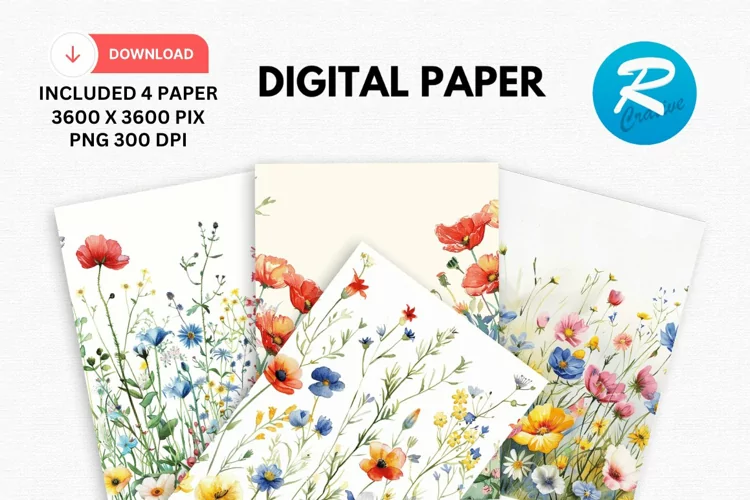 Watercolor Wildflowers Digital Paper, Wildflowers Background