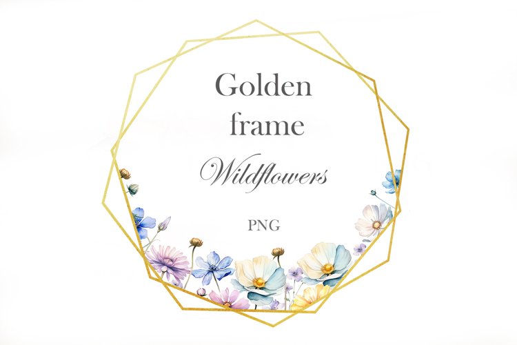 Watercolor Wildflowers Frame. Gold Frame