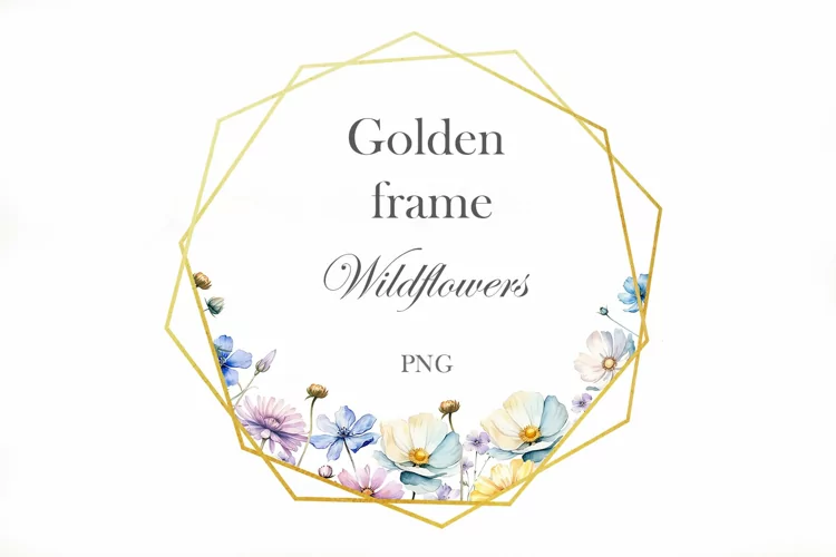 Watercolor Wildflowers Frame. Gold Frame