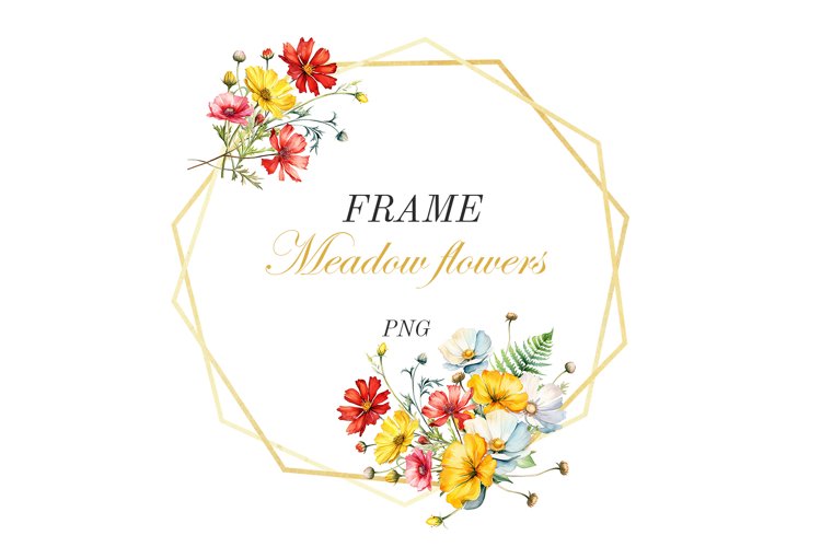 Watercolor Wildflowers Frame. Gold Frame