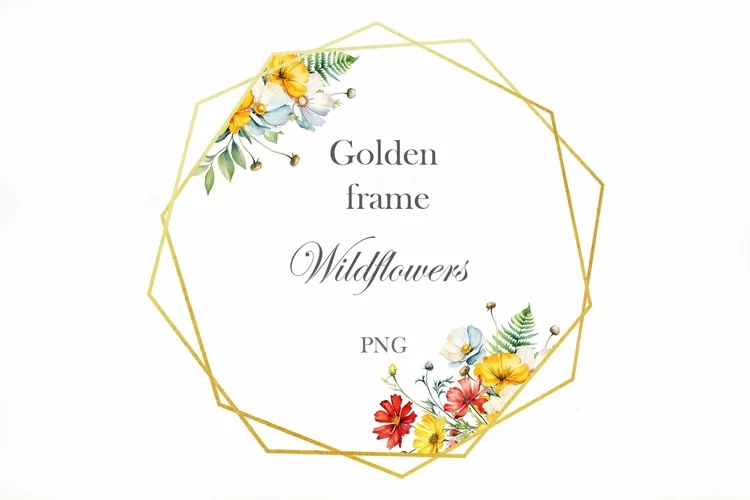 Watercolor Wildflowers Frame. Gold Frame