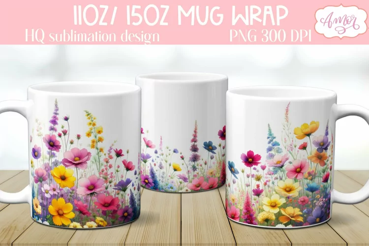 Watercolor wildflowers Garden Mug Wrap for Sublimation