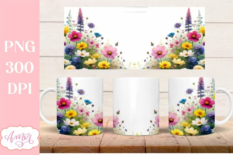 Watercolor wildflowers Garden Mug Wrap for Sublimation