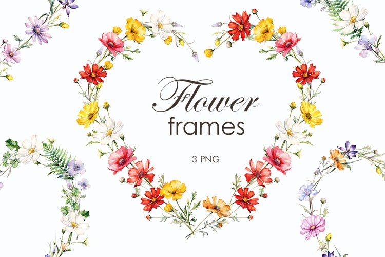 Watercolor wildflowers. Heart frame