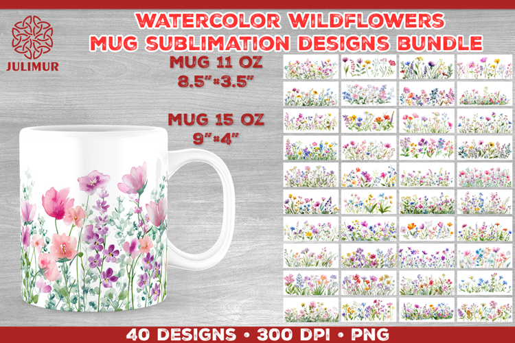 Watercolor Wildflowers Mug Sublimation Design Bundle