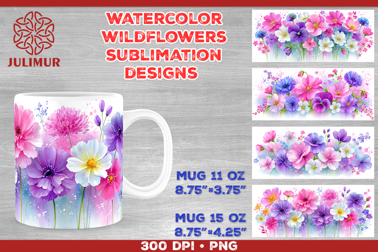 Watercolor Wildflowers Mug Wrap Sublimation Designs