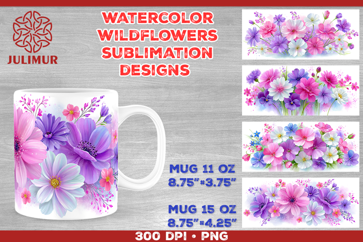 Watercolor Wildflowers Mug Wrap Sublimation Designs